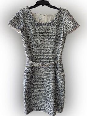 Oscar de la Renta Runway Blue White Tweed Fringe Shift Dress Size 6